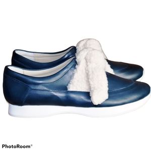 WEEKEND BARBER Navy Italian Leather Fleece Sherpa Loafers Women's Size 8M